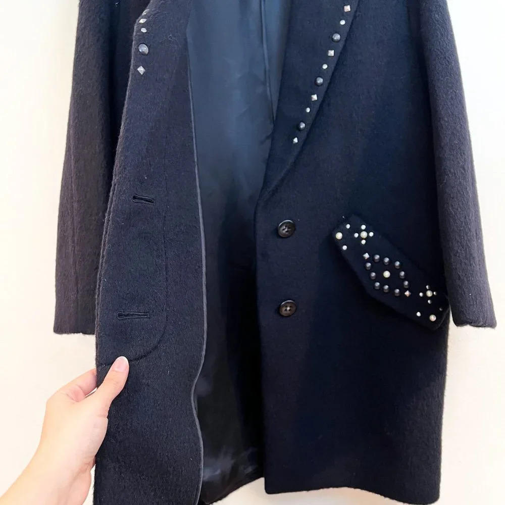 Coach Embellished Black Wool Blend Classic Long Collared Designer Trench Coat 4 - Picture 8 of 10